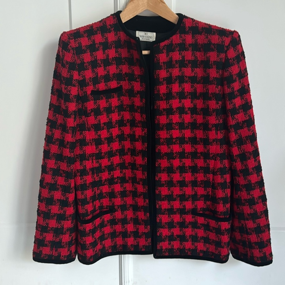 Valentino Boutique Red & Black Houndstooth Jacket - Classic Elegance,